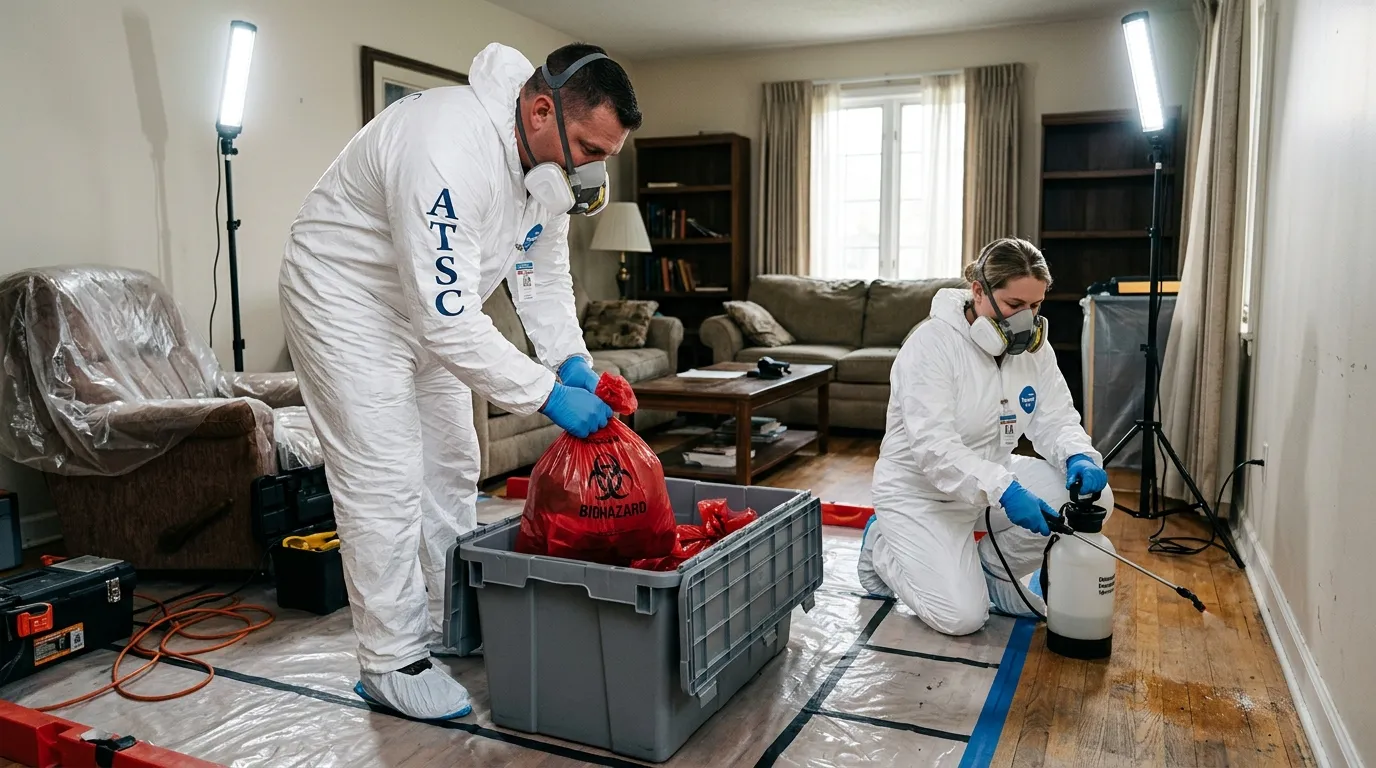 Professional Hoarding Cleanup technician in full PPE working in Centreville